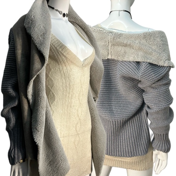 AMS Sweaters - vintage grey knit faux fur cardigan
